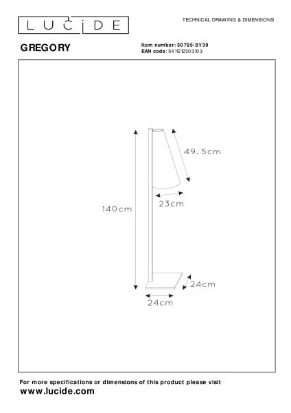 Lucide GREGORY - Lampadaire - 1xE27 - Noir - TECHNISCH